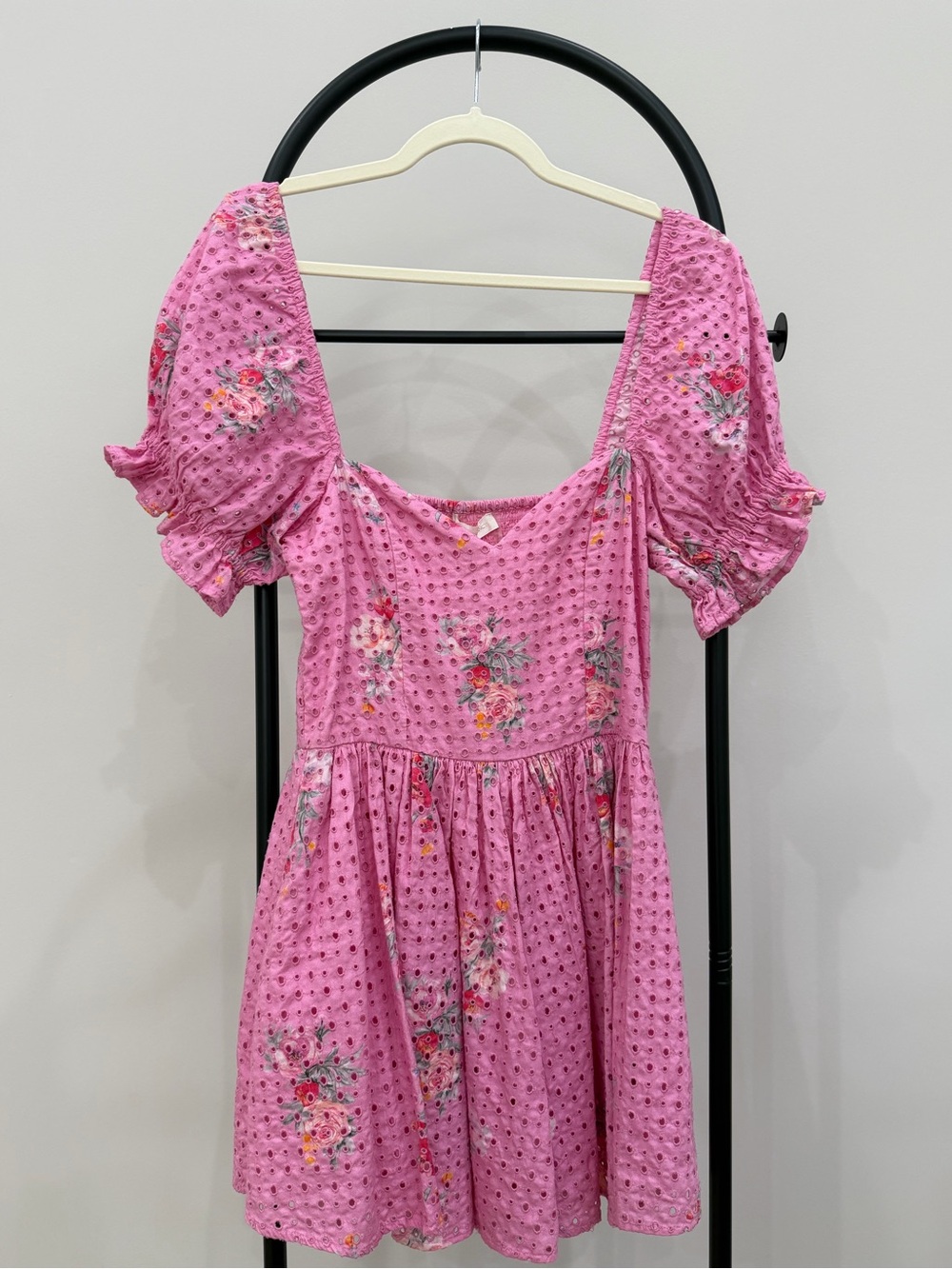LoveShackFancy Pink Floral Eyelet Square-Neck Mini Dress
